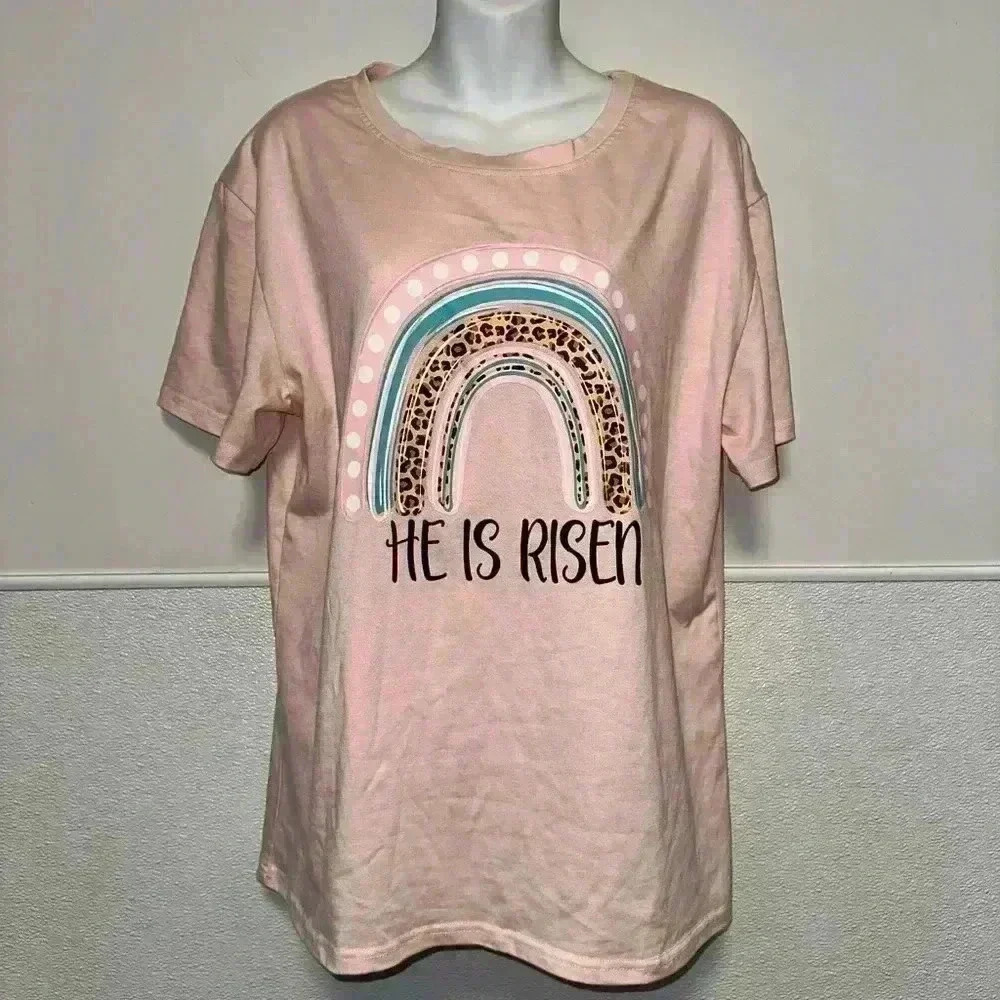 “He is Risen” Rainbow Women's Unbranded T-Shirt XL Pink Blue - Picture 1 of 10